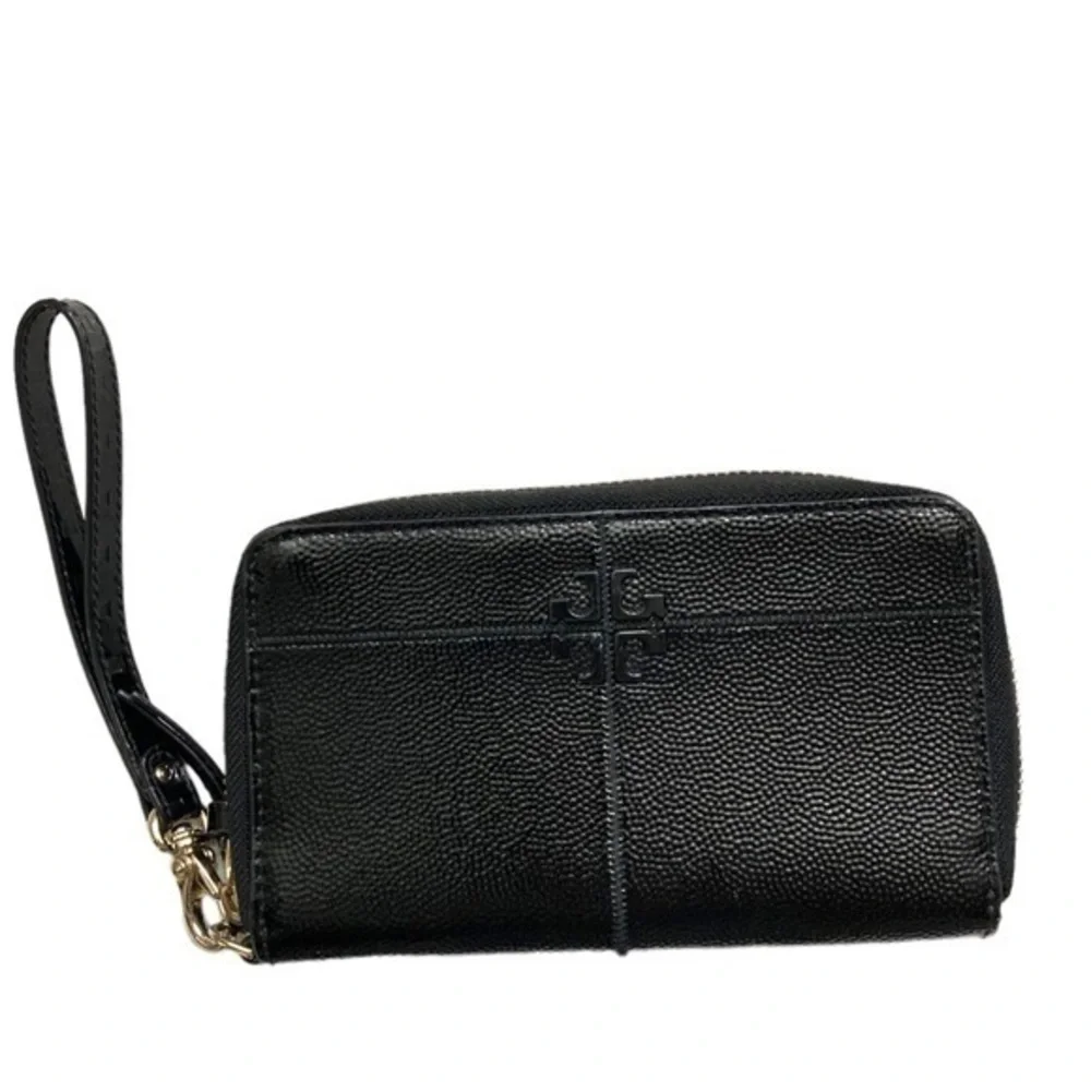 Tory Burch black grained shiny leather wristlet wallet clutch bag